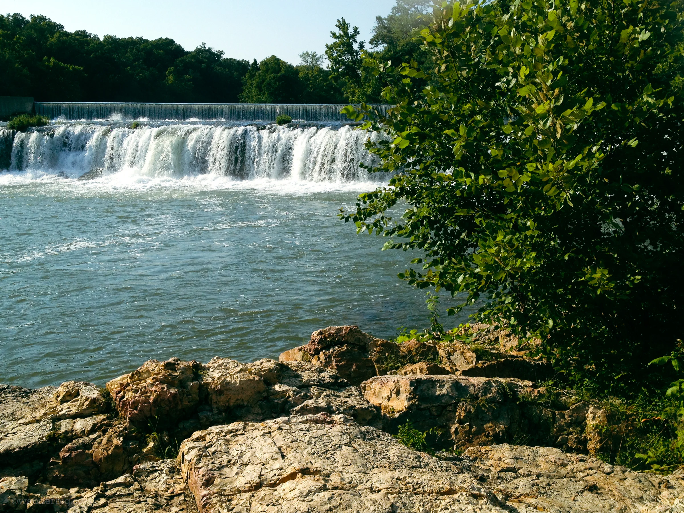 Spring fed waters from shoal creek flow over the chert rock formation making up grand falls waterfall, near joplin, mo.