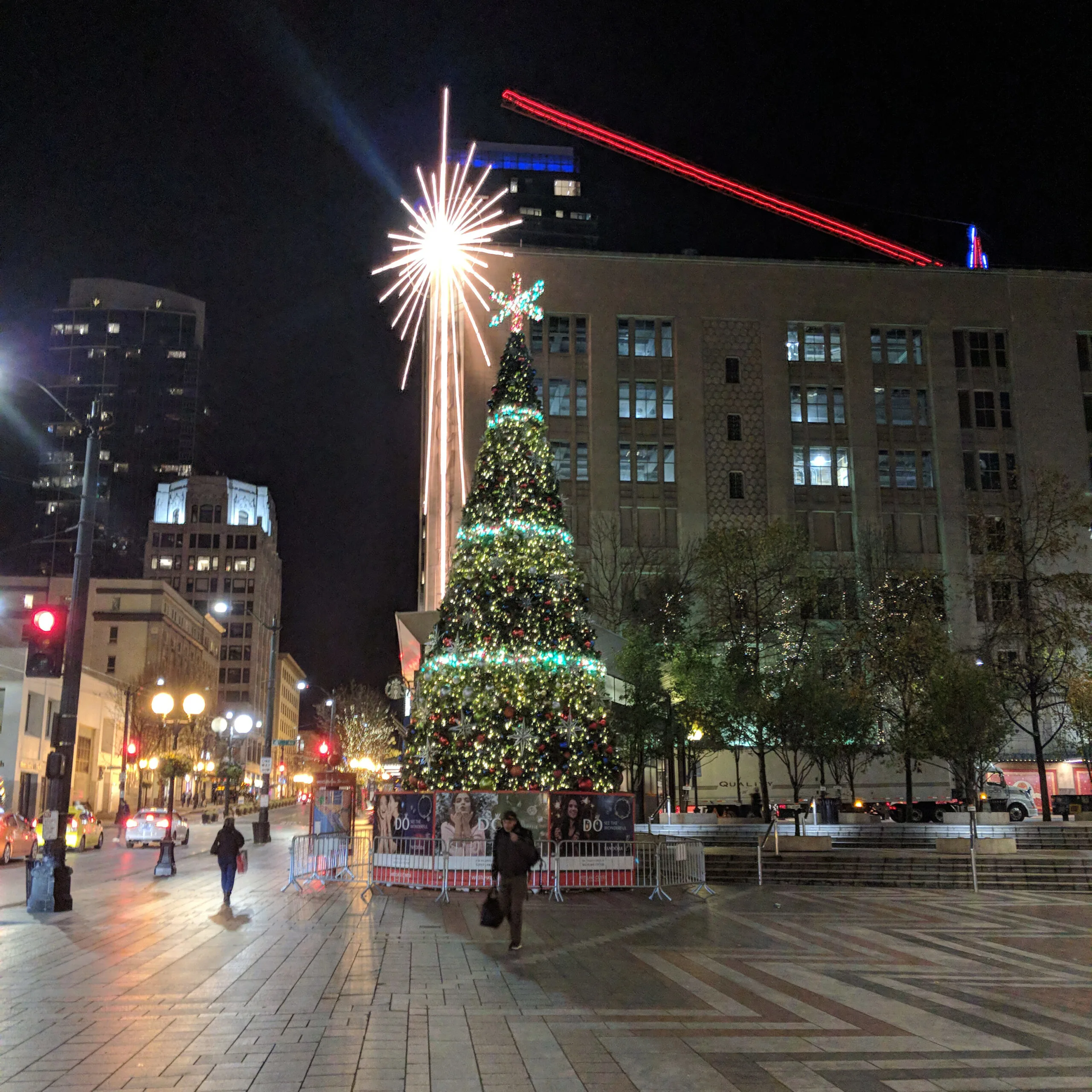 Christmas lights in winter in downtown seattle.