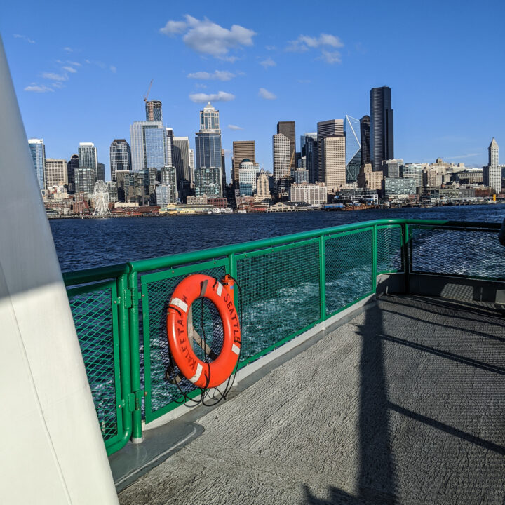 The Seattle skyline as seen from an approach on the Bainbridge to Seattle ferry MV Kaleetan