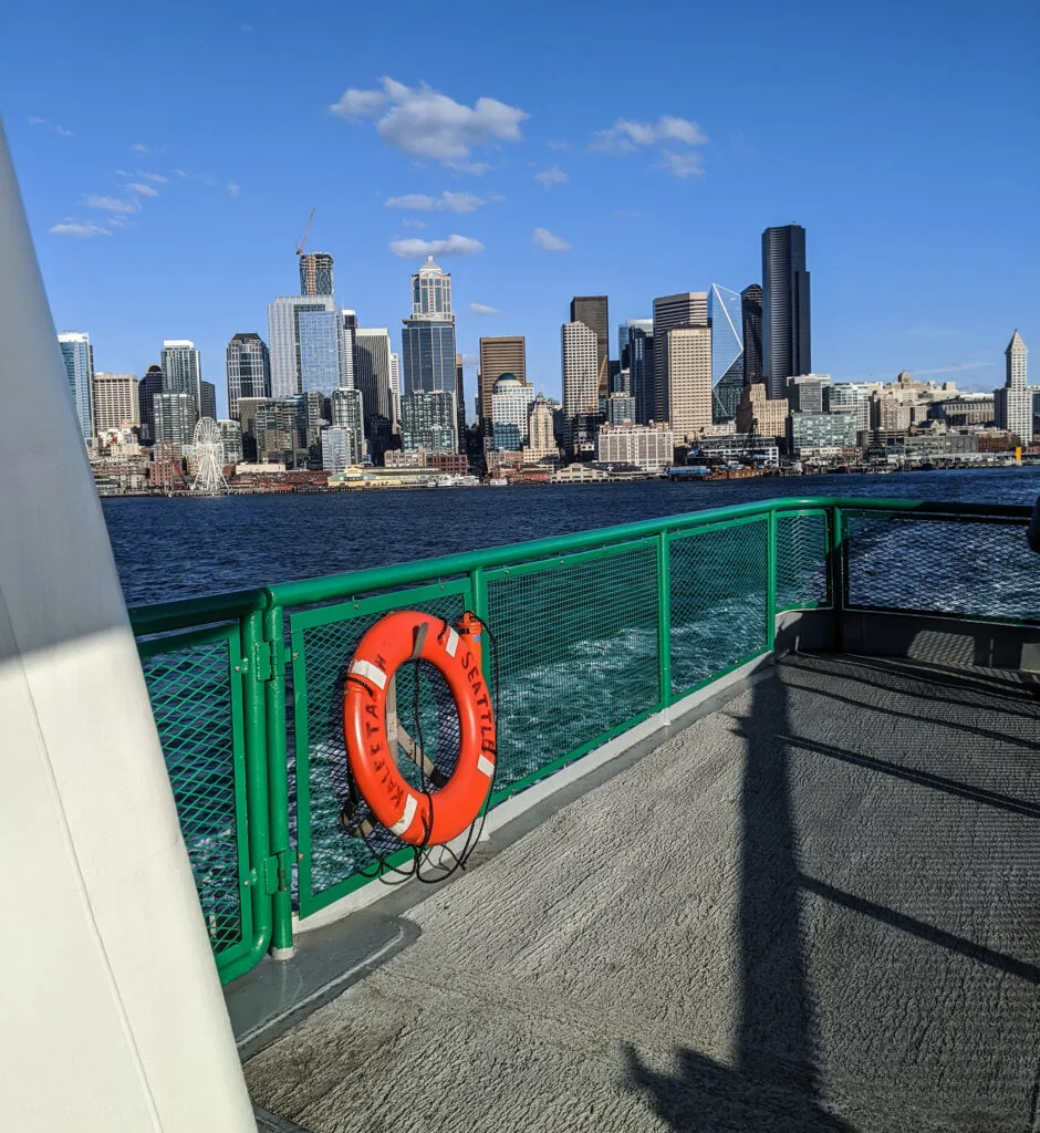The seattle skyline as seen from an approach on the bainbridge to seattle ferry mv kaleetan