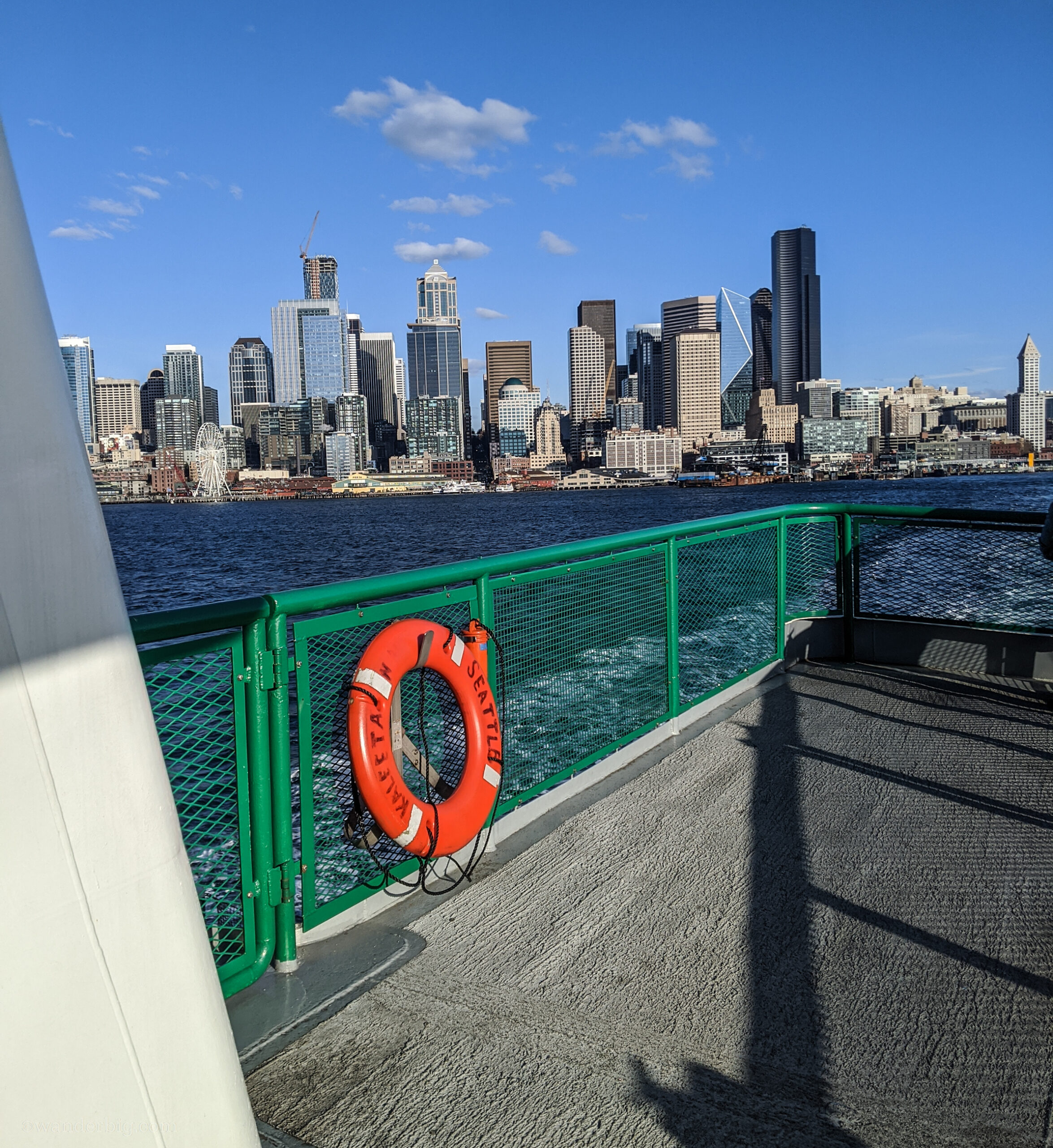 The seattle skyline as seen from an approach on the bainbridge to seattle ferry mv kaleetan