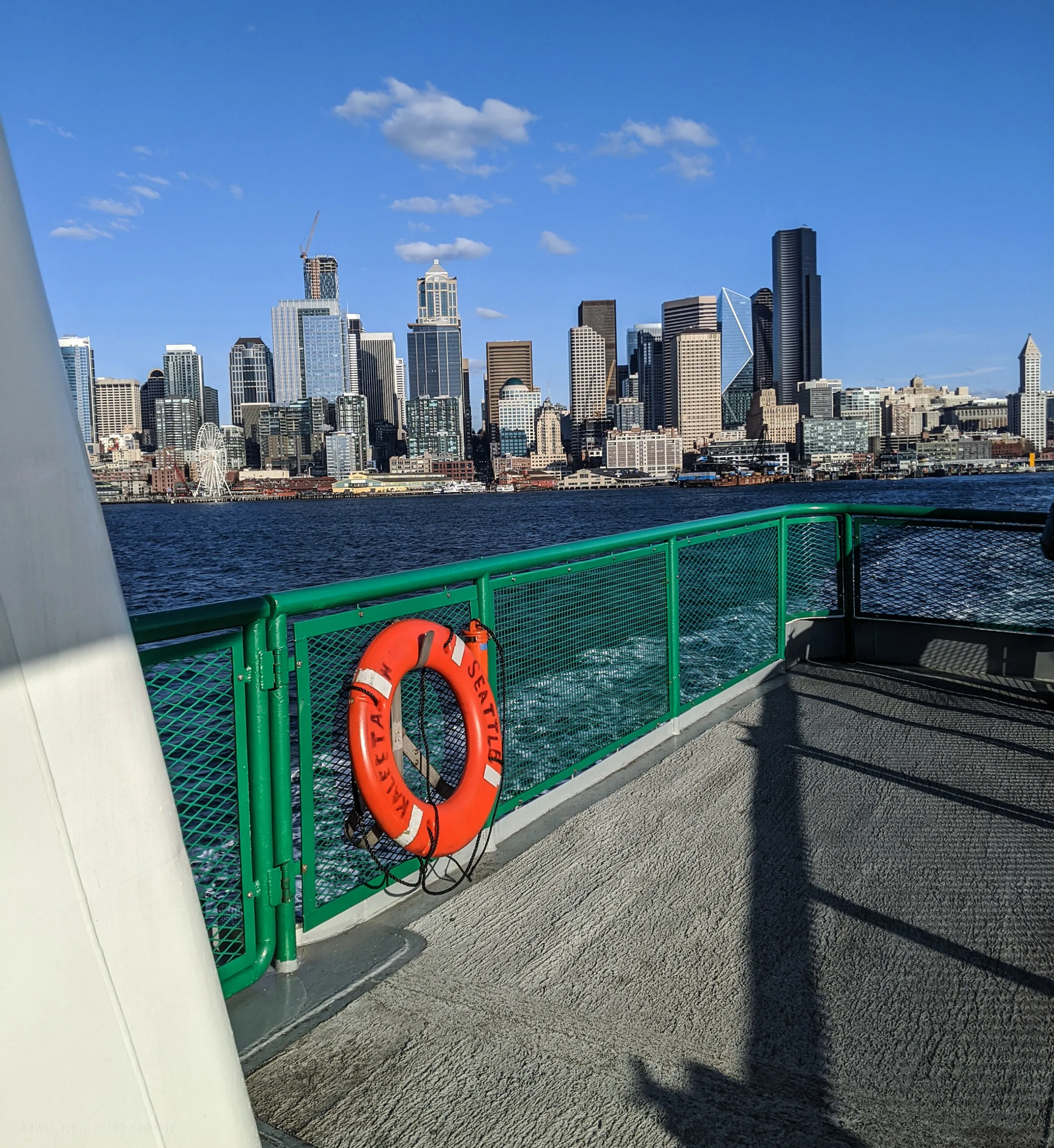 The seattle skyline as seen from an approach on the bainbridge to seattle ferry mv kaleetan