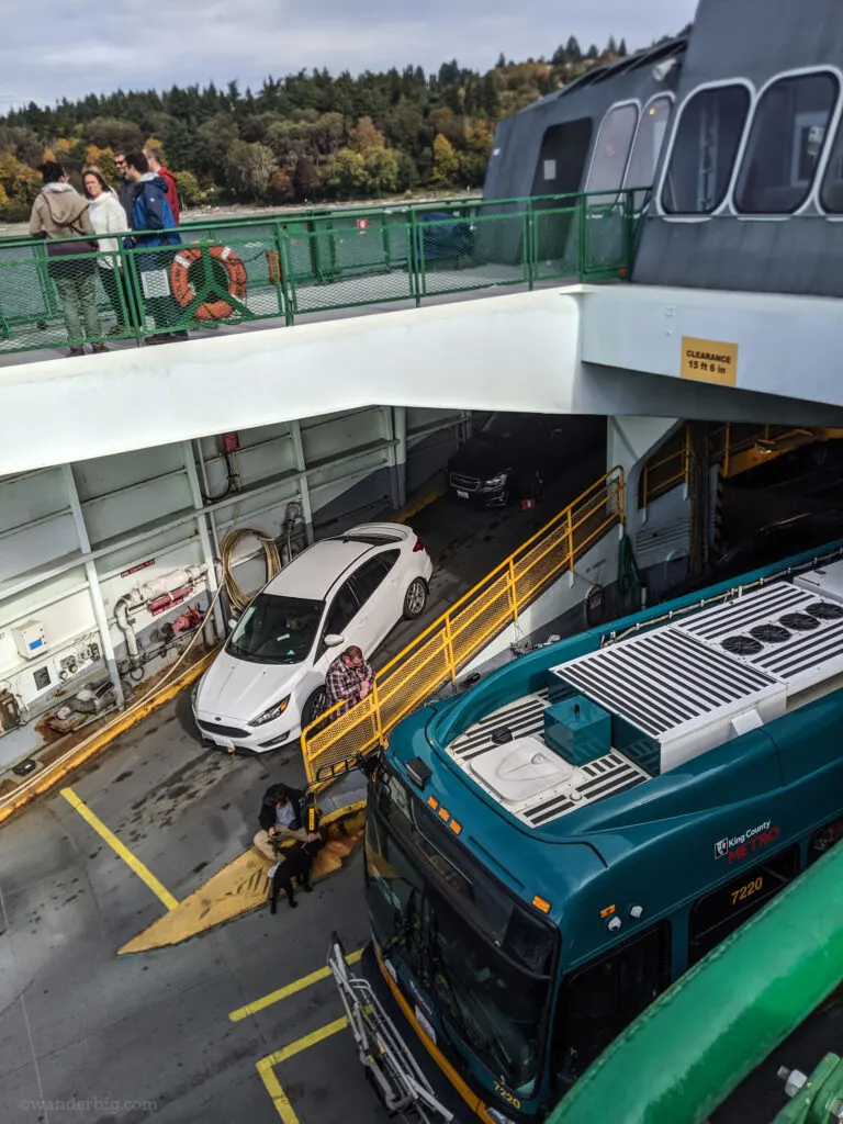 Cars, a bus, and foot passengers on a washington state ferry..