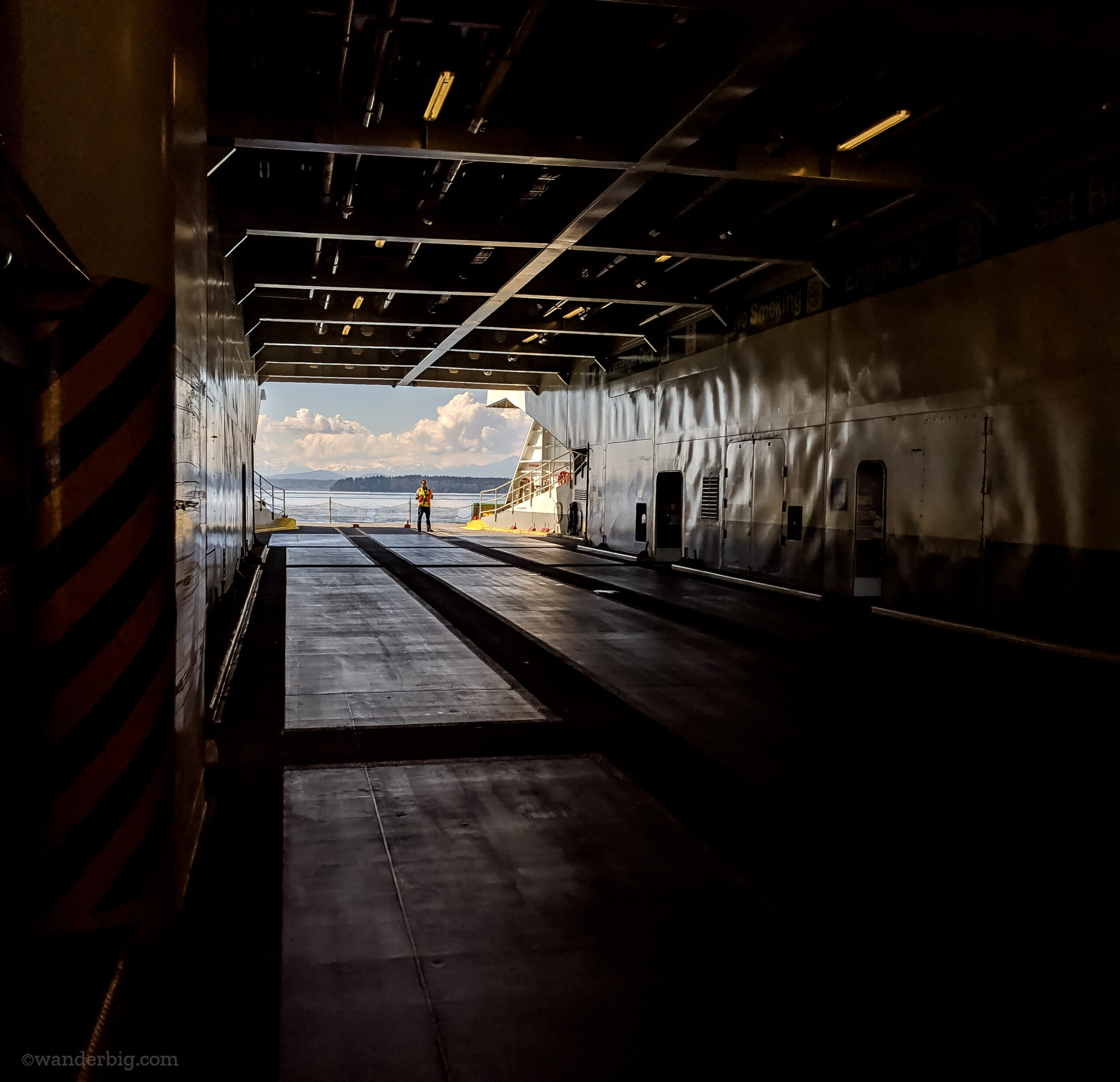 An empty car deck on a washington state ferry