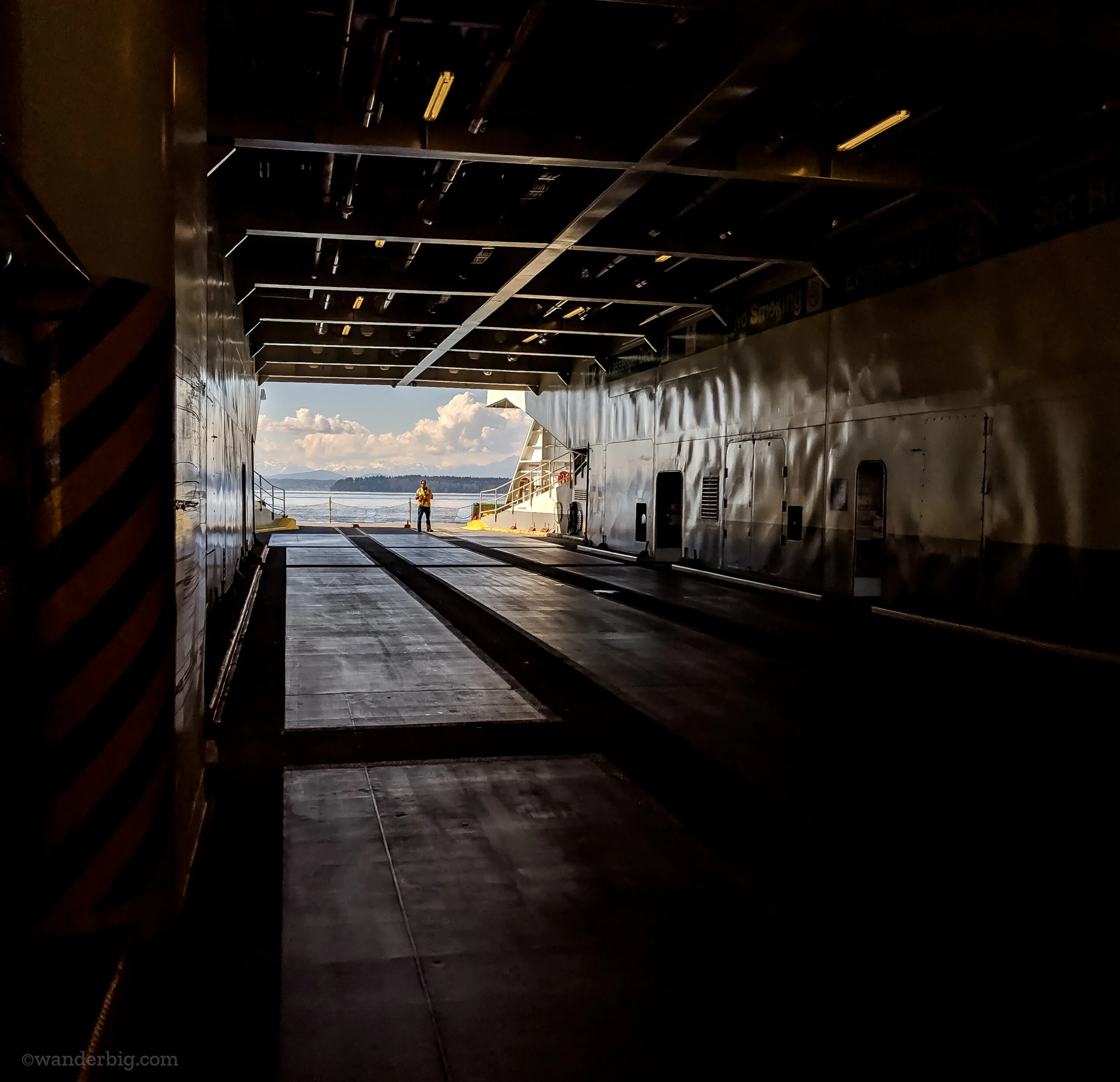 An empty car deck on a washington state ferry