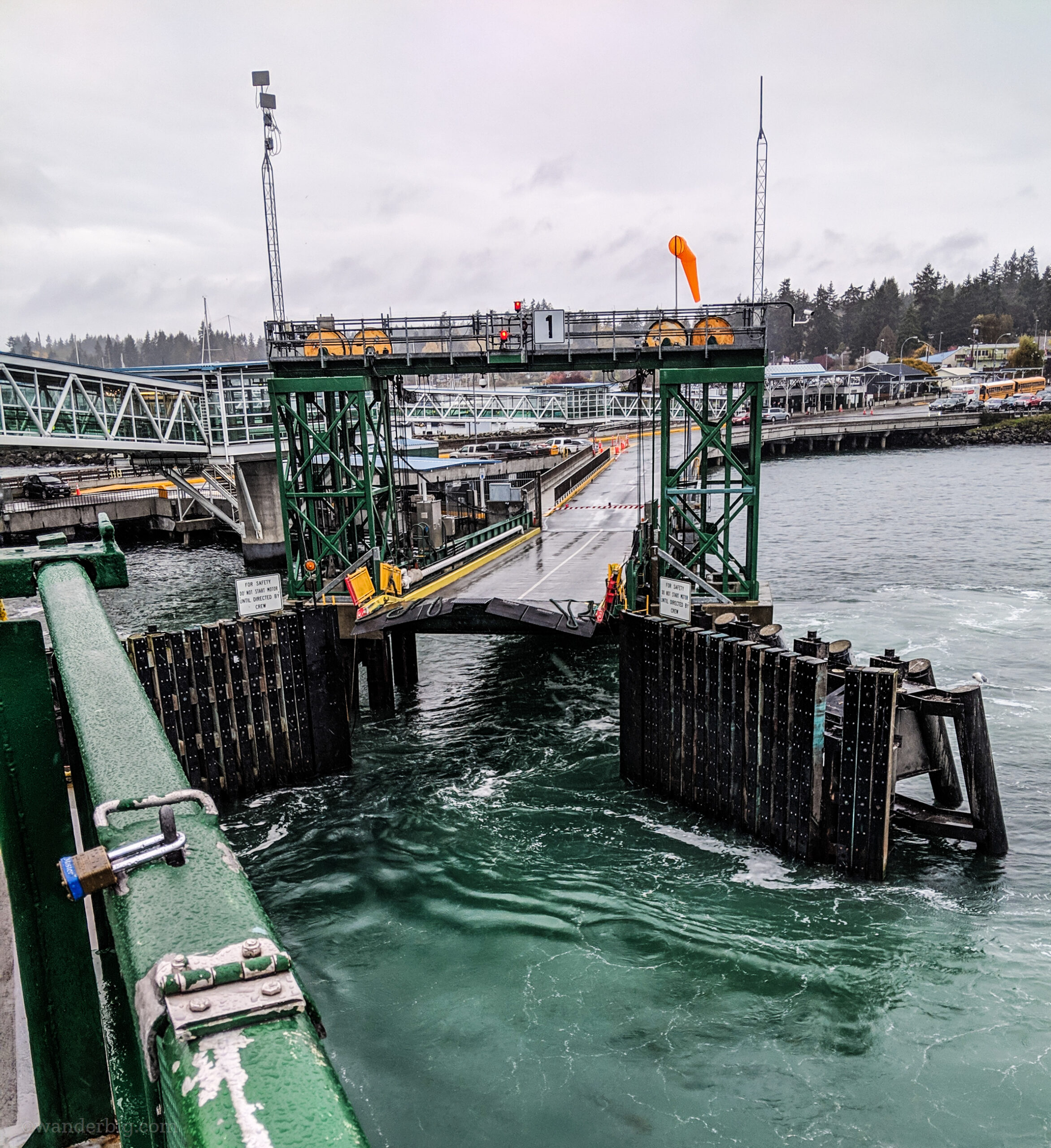 A ferry dock as seen from approach by water.