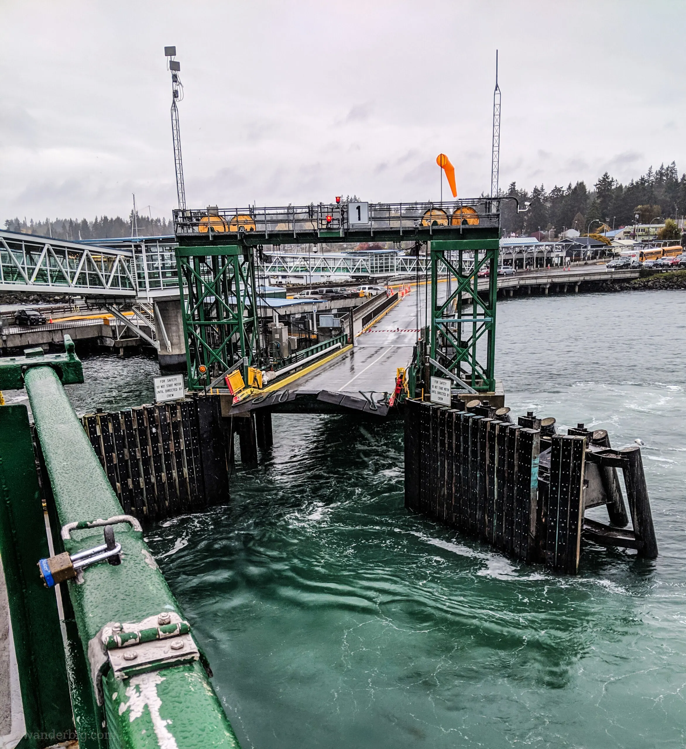 A ferry dock as seen from approach by water.