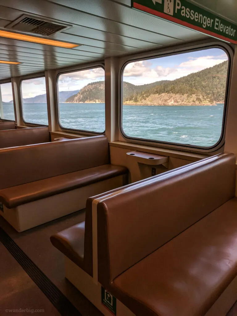 An empty passenger deck on a ferry from washington state mainland to san juan islands.