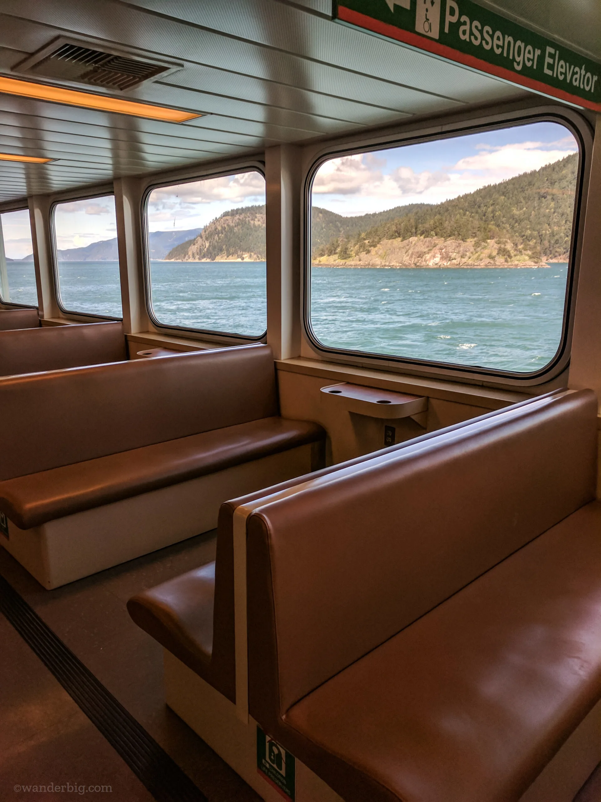 An empty passenger deck on a ferry from washington state mainland to san juan islands.