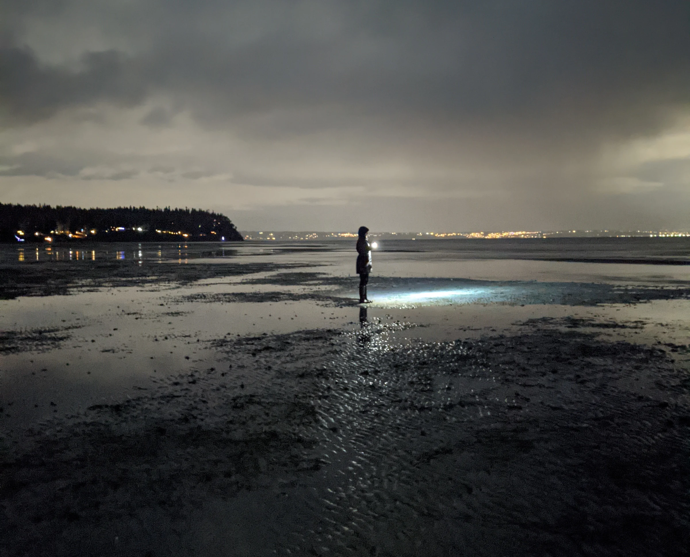 A person stands on tight flats in the dark with the city of seattle in the background