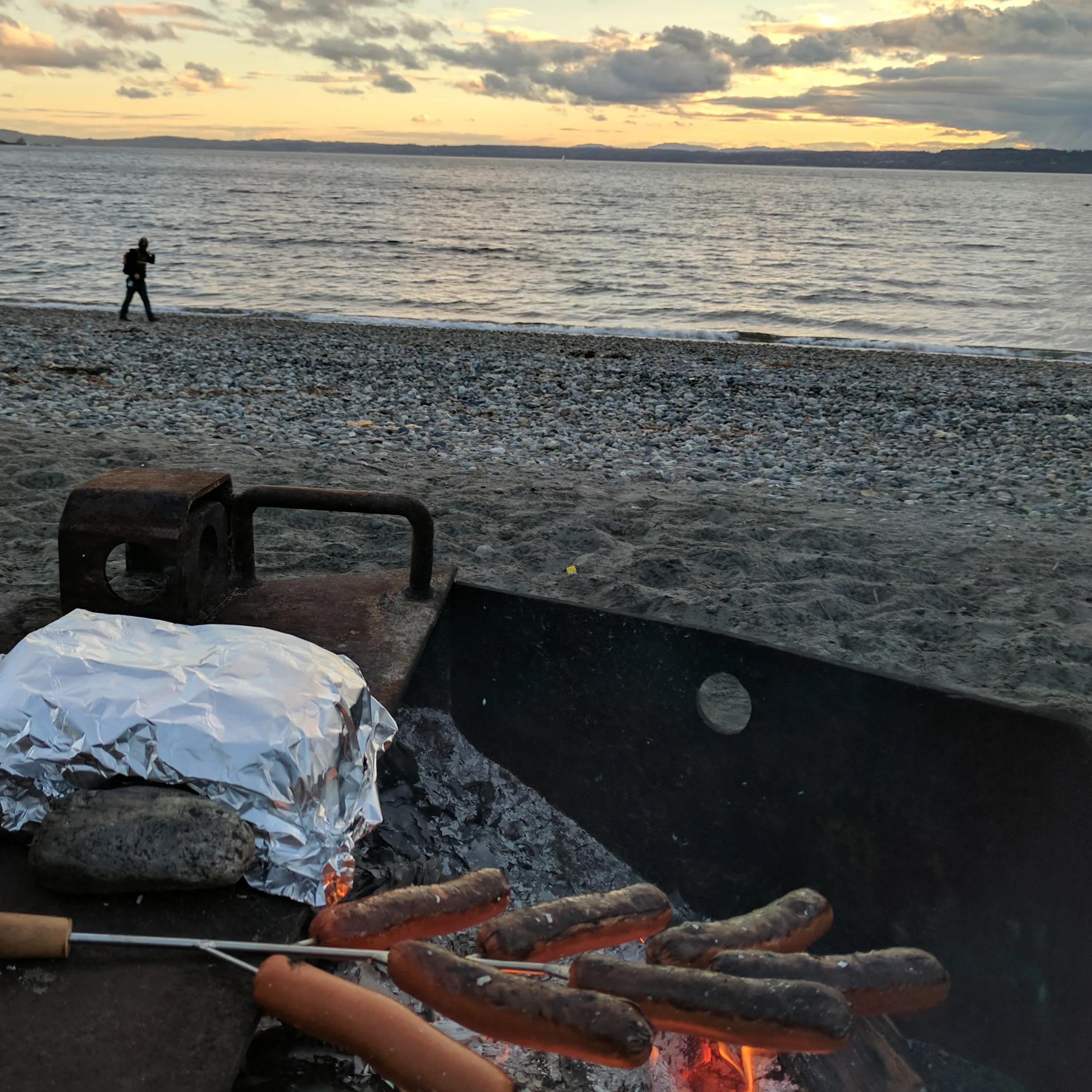 Hot dogs cook over a fire pit on a beach in the pacific northwest.