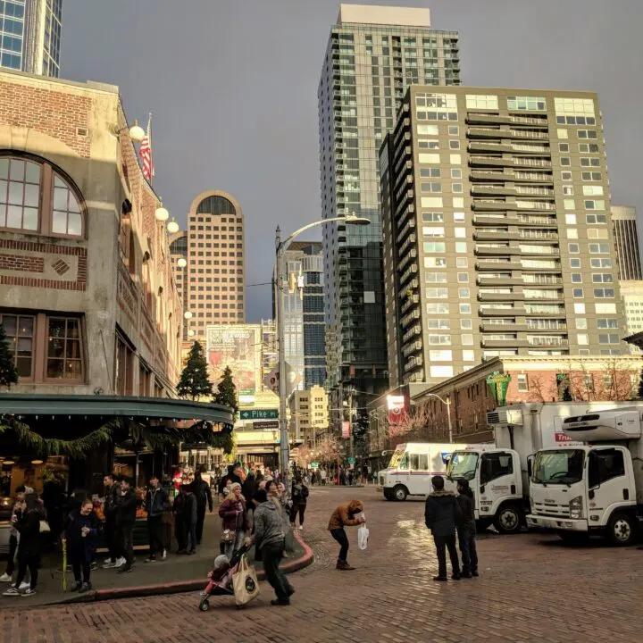 Seattle's city skyline as seen behind Pike Place Market, a destination in this 24 hours in Seattle Itinerary.