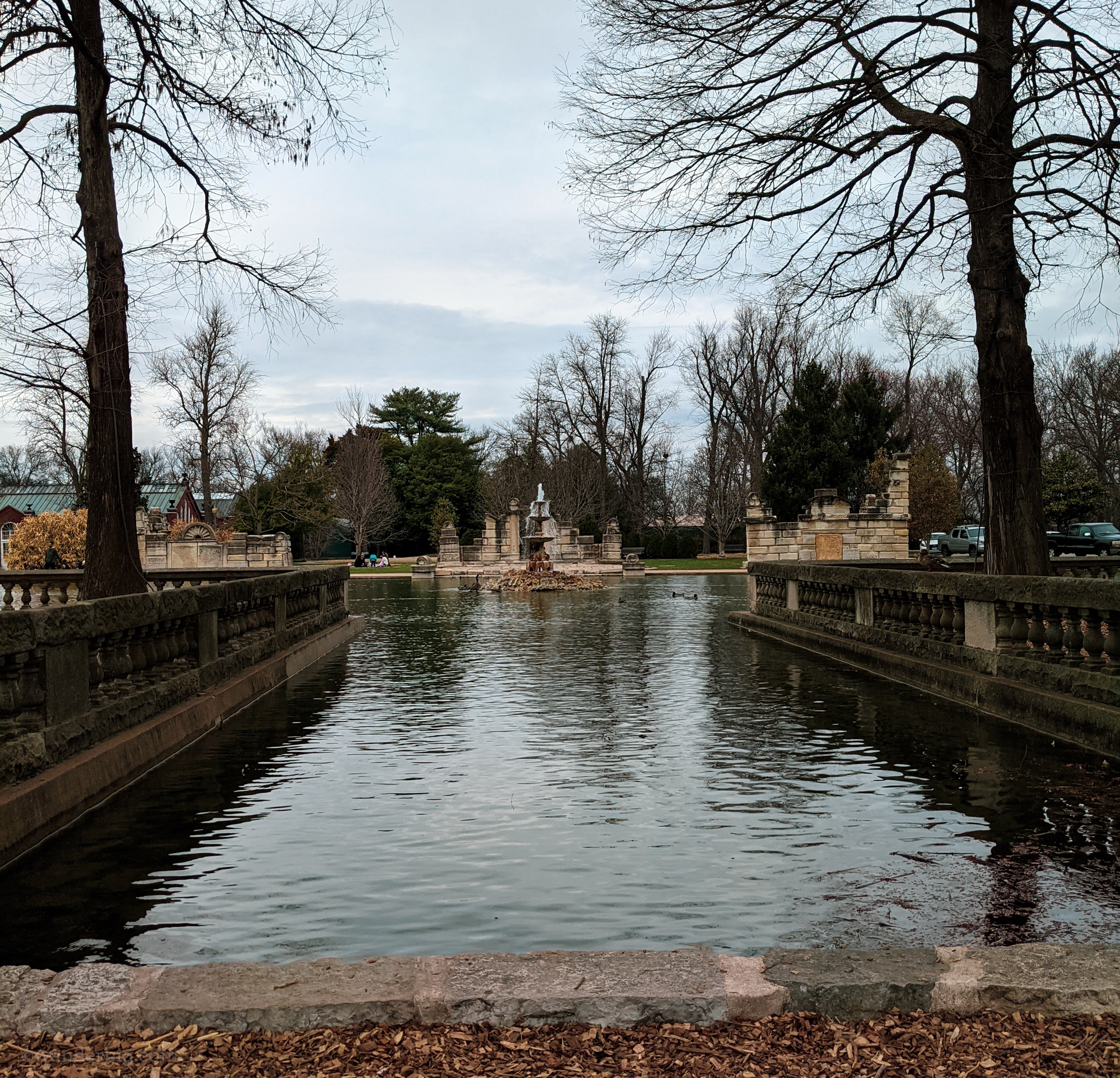 A park and water feature in urban saint louis.