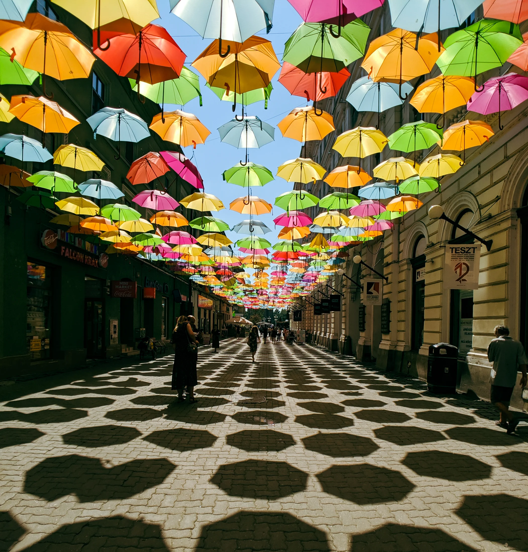 Umbrellas covering a street in timisoara, romania.
