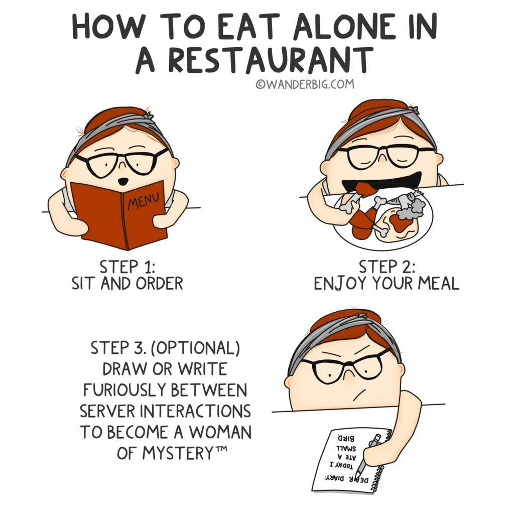 An illustration titled 'how to eat alone in a restaraunt' showing a cartoon figure ordering, eating, and writing in a notebook.
