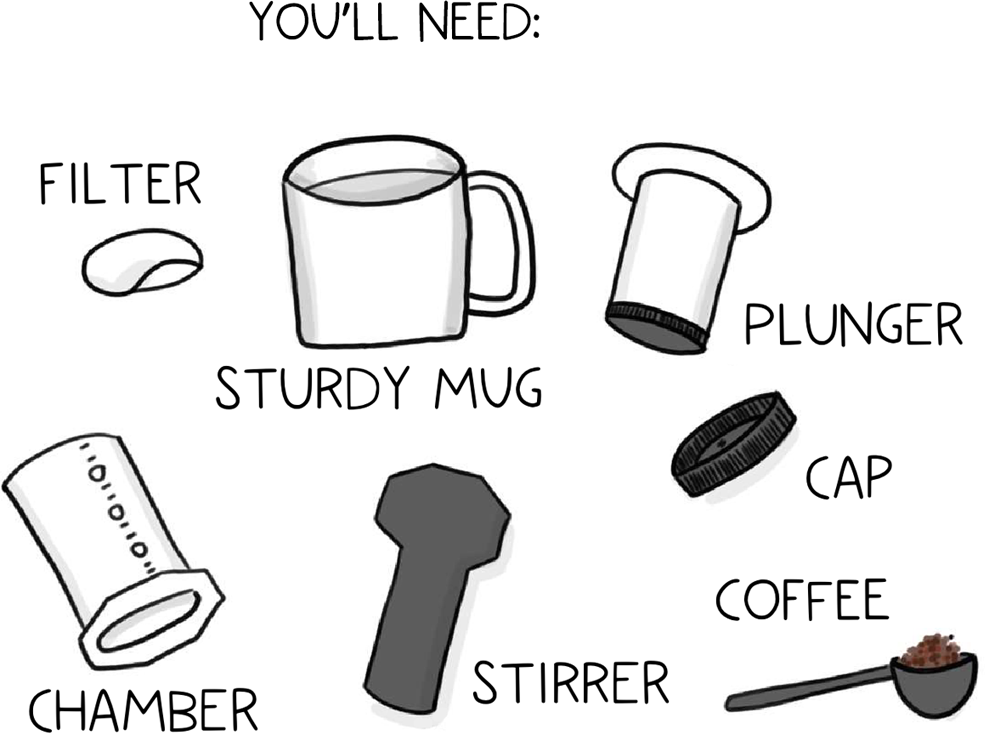 The items needed to make coffee using an aeropress.