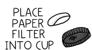 Place paper filter into cup words with a picture of a paper filter being placed into.