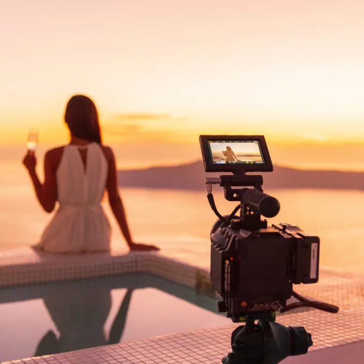 A travel influencer sits on the edge of the pool overlooking a scenic view while a camera in the forefront films her.