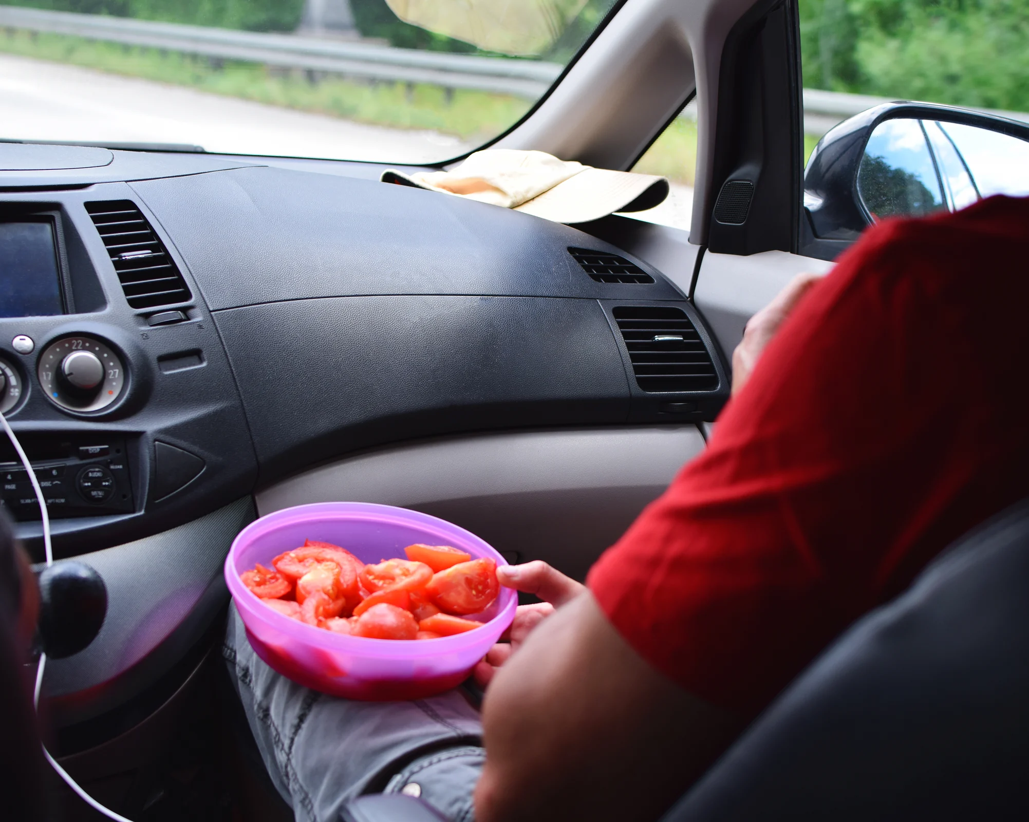A person sits in the passenger seat of a car with a bowl of sliced tomatoes.