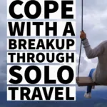 Woman on a swing with a travel landscape in the background.