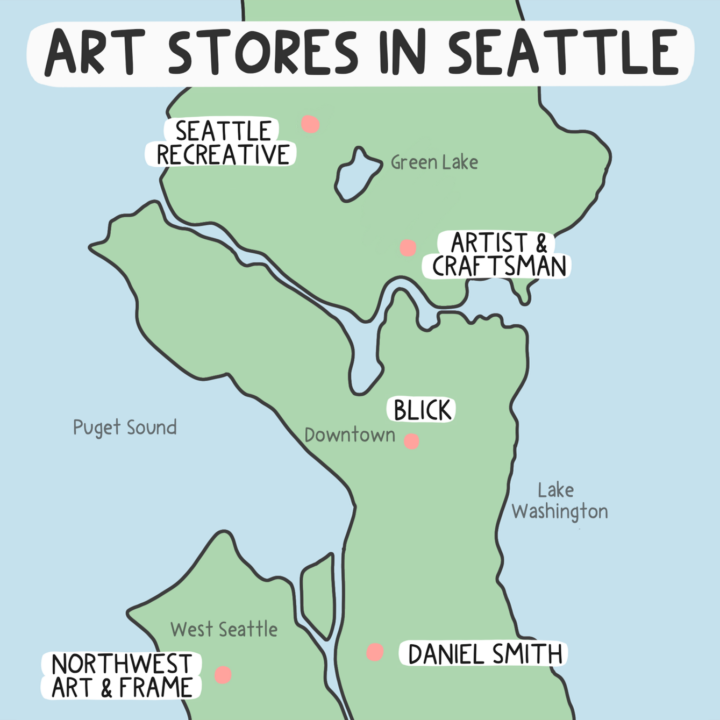 A hand drawn map of the best art supply stores in Seattle.
