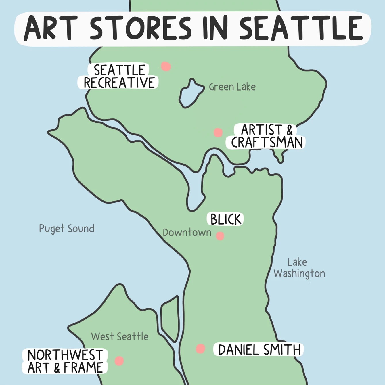 A hand drawn map of the best art supply stores in seattle.