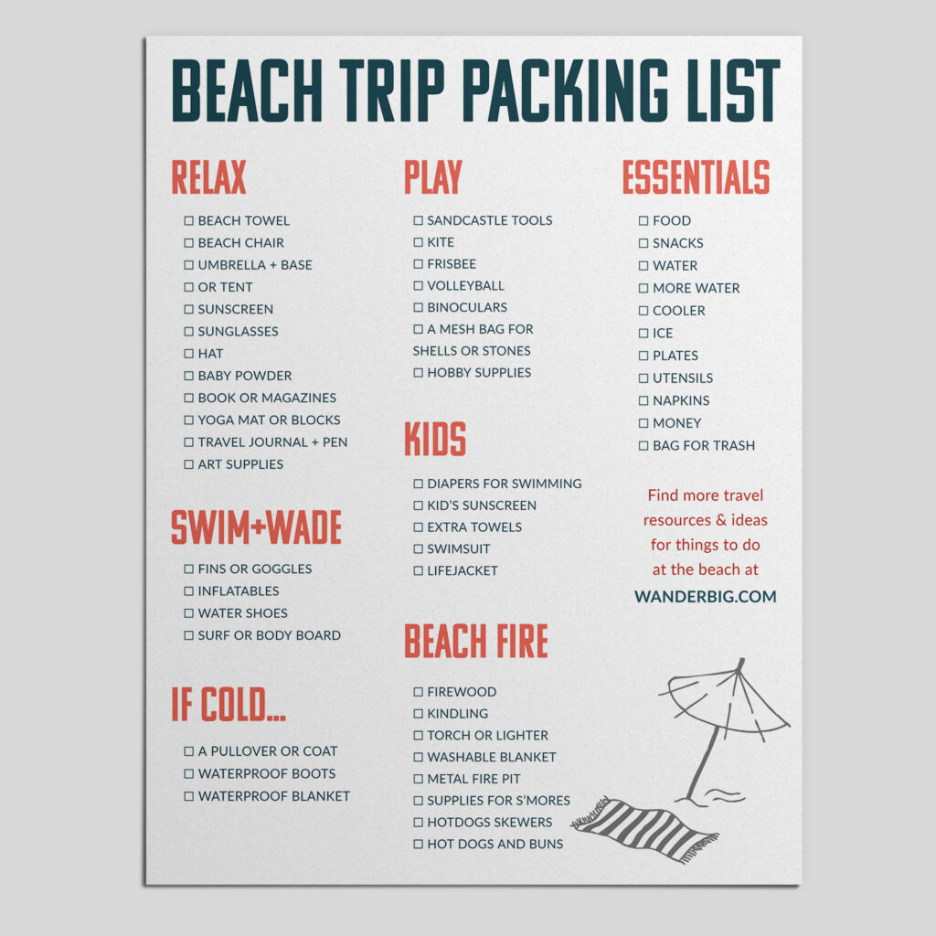 Mockup image of the pdf printable beach packing list.