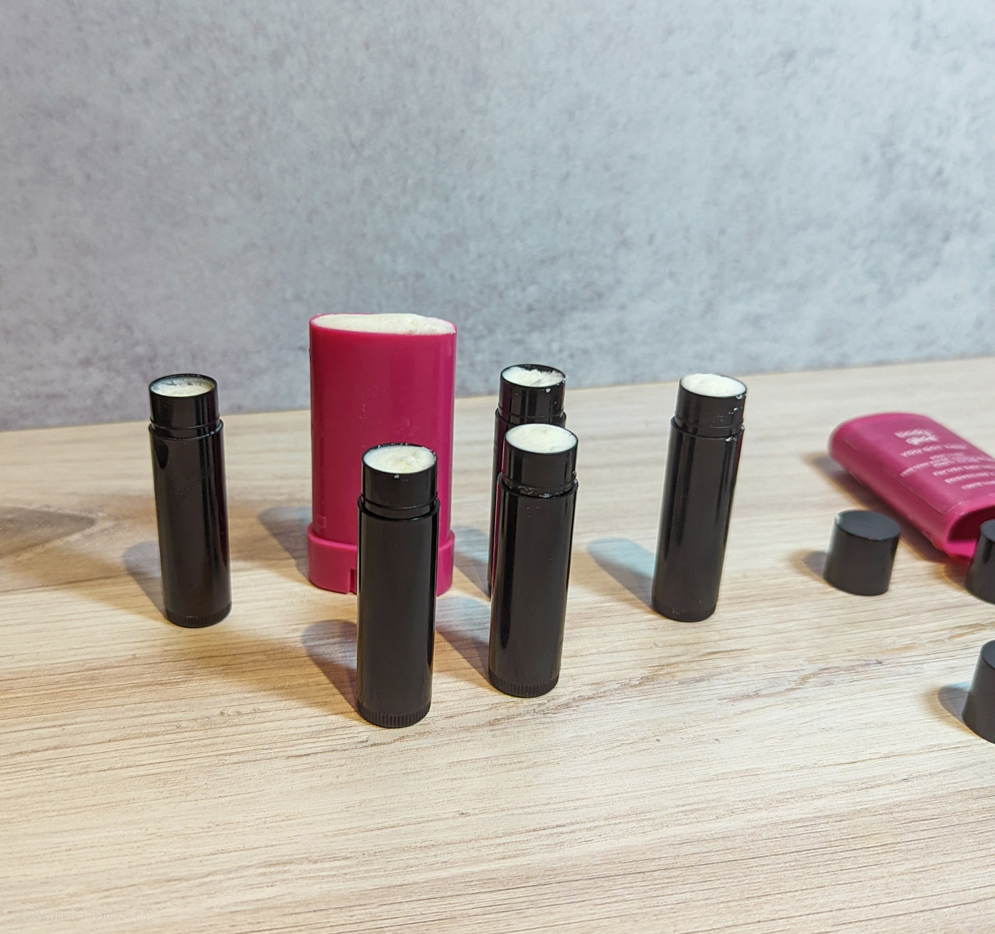 Use different size containers like the one shown here to make deodorant sized perfectly for travel or backpacking.