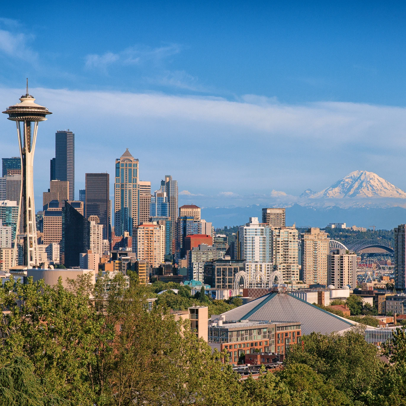 Seattle skyline and mt rainier in the summer.