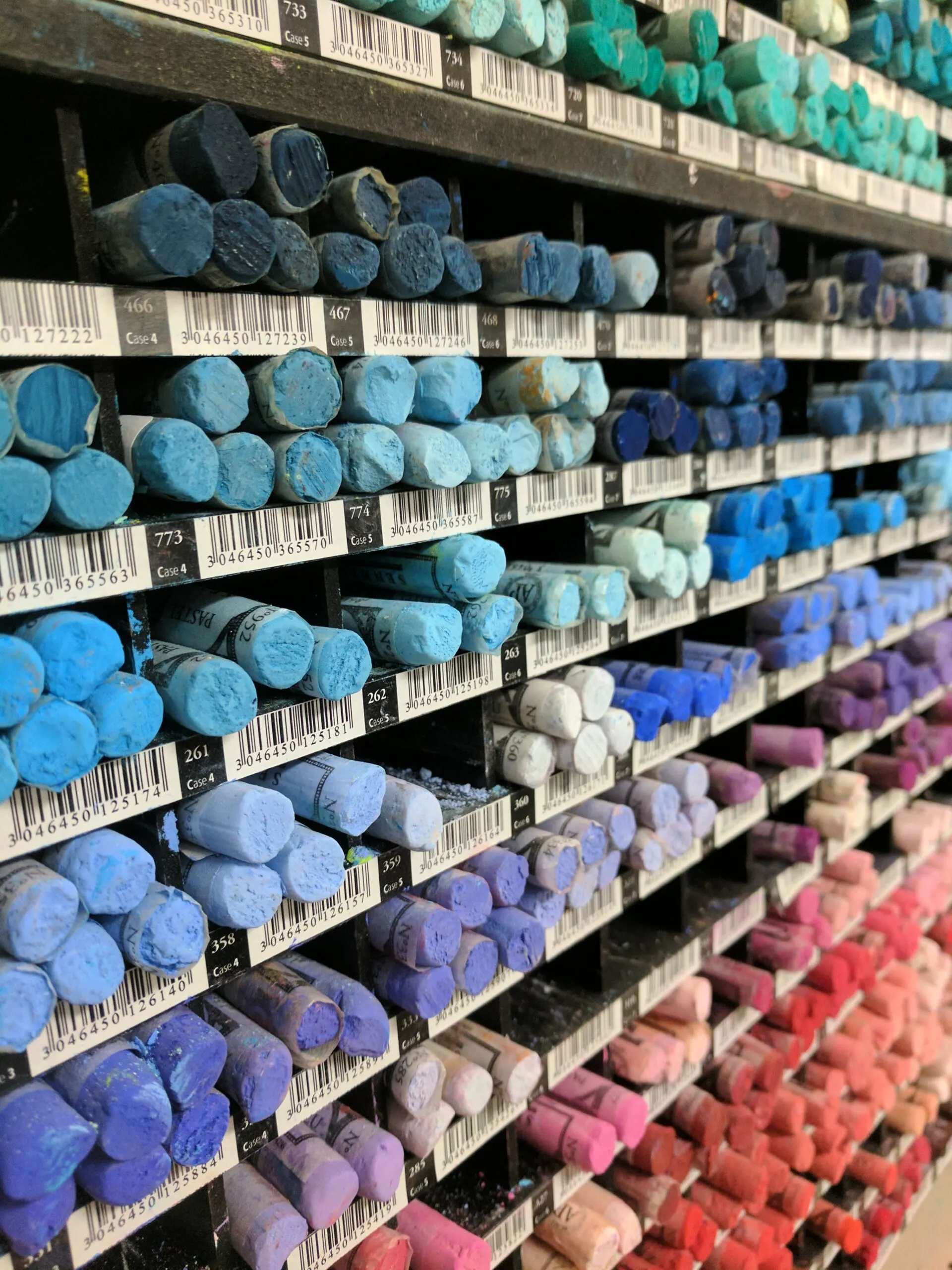 Pastels on display in an art store in seattle.