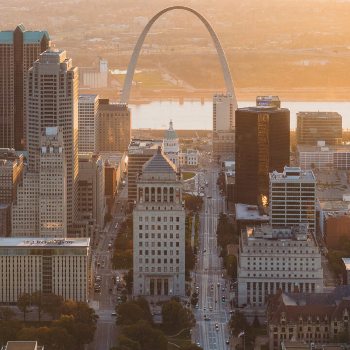 St. Louis, Missouri Skyline with golden hour hue.