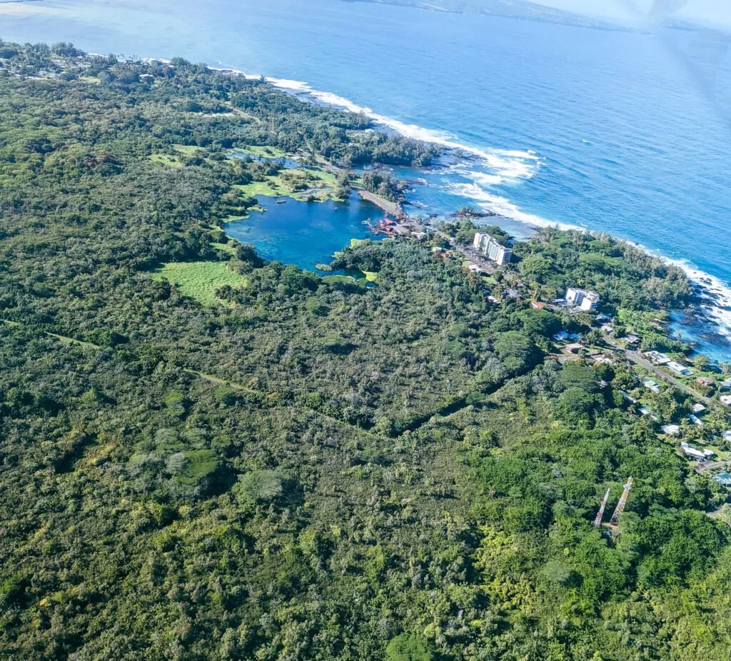 The beach parks of hilo, hawaii as seen from an aerial view.