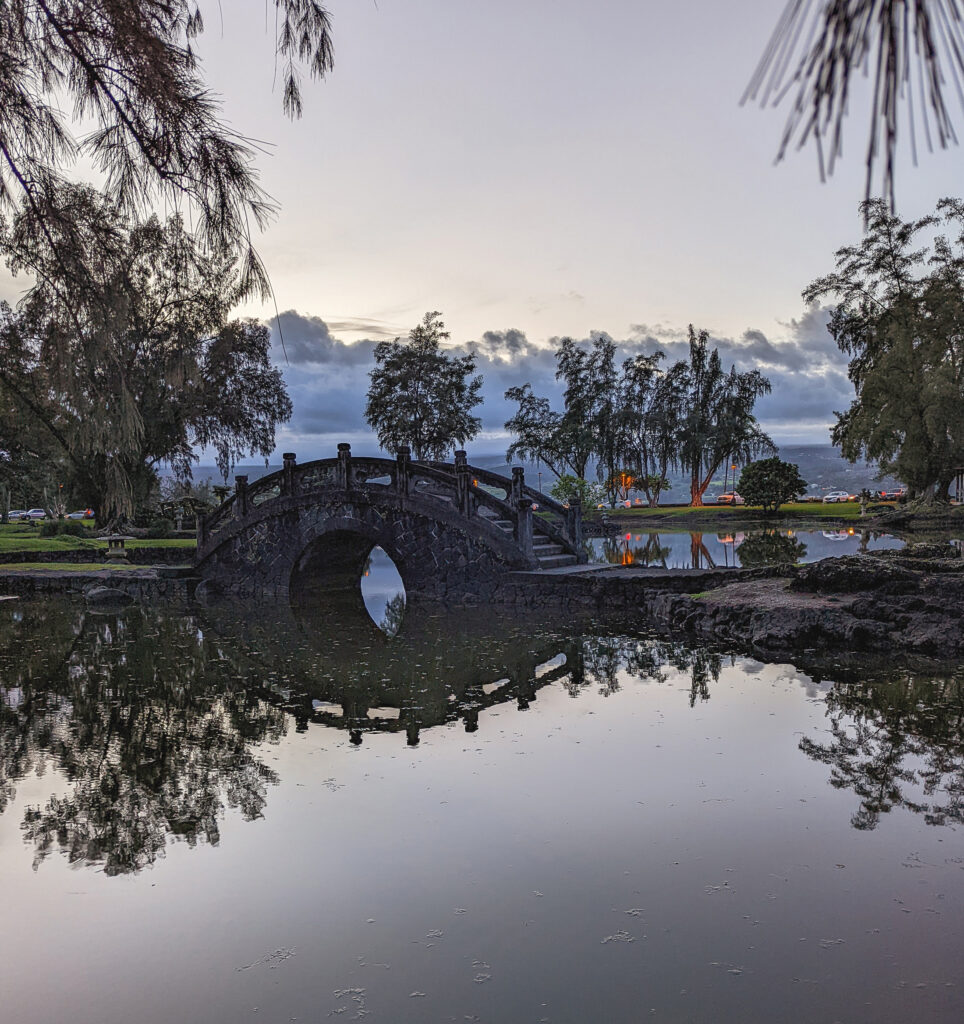 A japanese garden in hilo hawaii at sunset