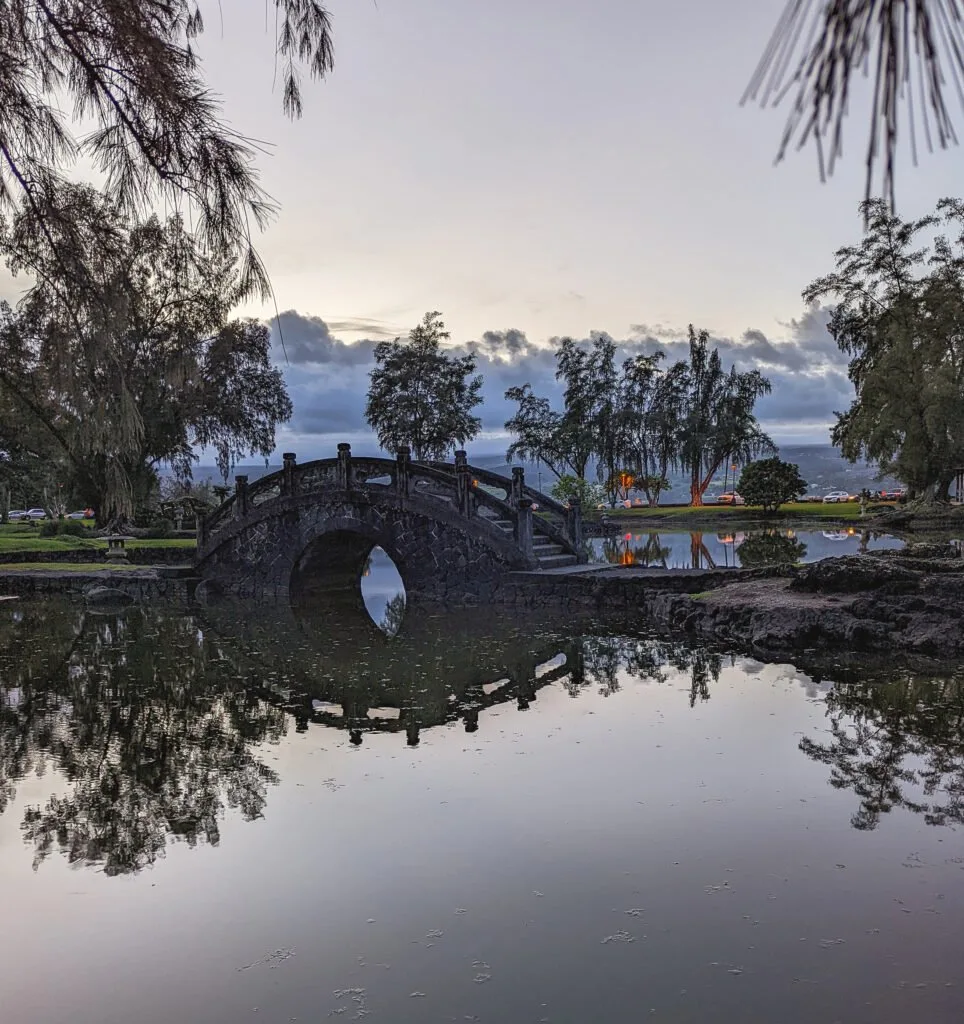 A japanese garden in hilo hawaii at sunset