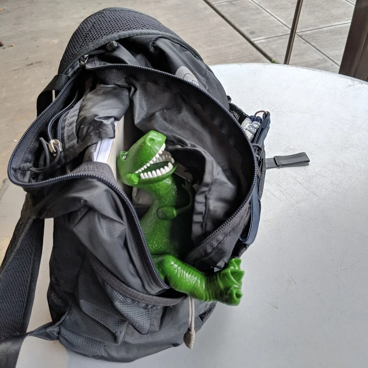 Toy dinosaur in a child's travel backpack