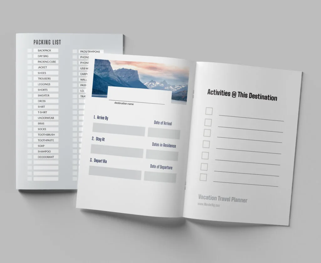 Vacation travel planner template shown in a product mockup of the printed version.