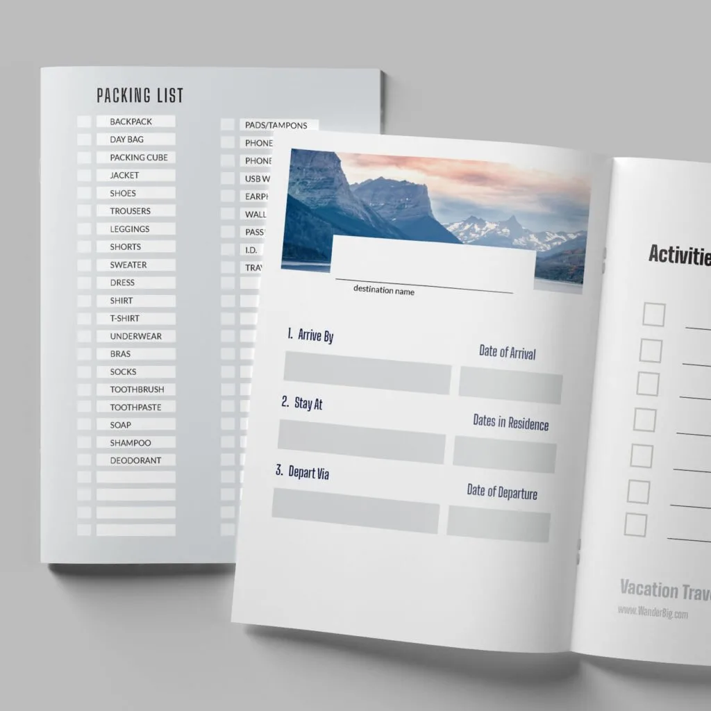Vacation travel planner template shown in a product mockup of the printed version.