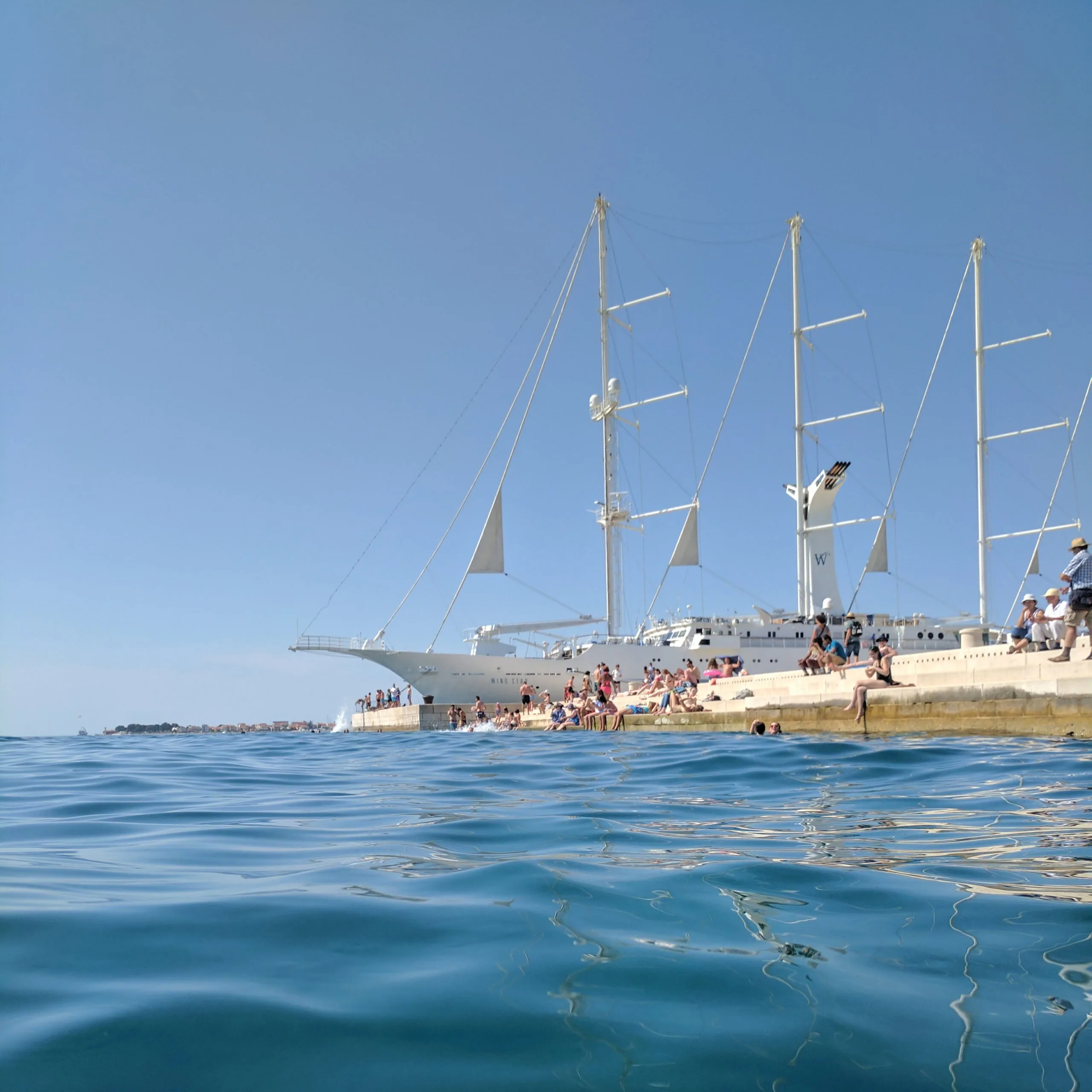 Zadar, croatia from the perspective of swimming in the adriatic near the sea organ.