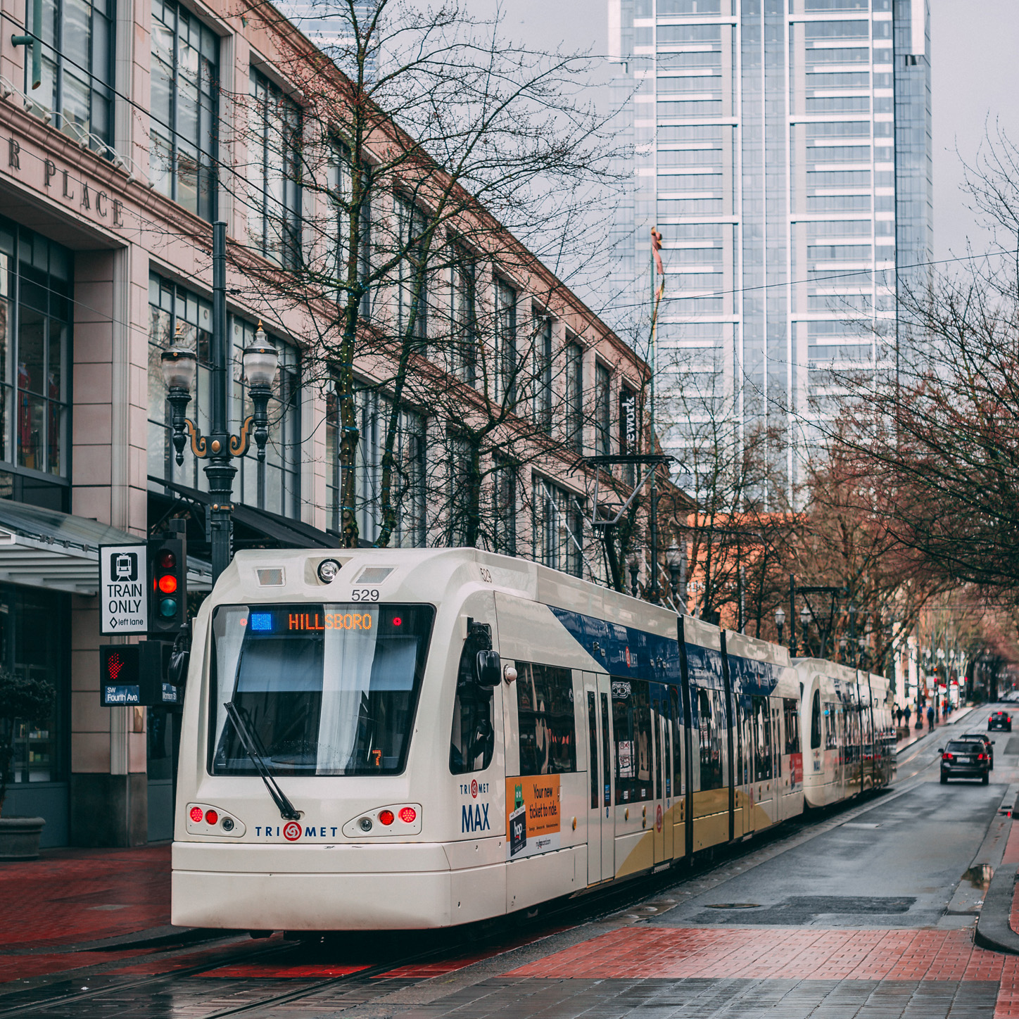 Portlands light rail train in downtown, showing an easy way for tourists to navigate the city without a car.