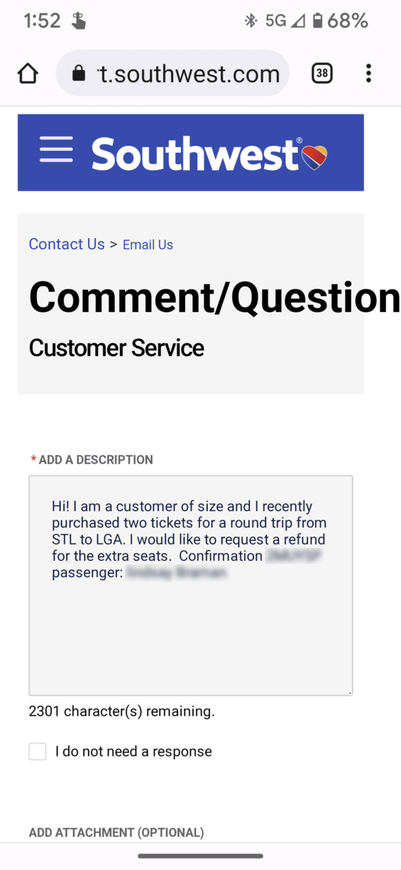 A screenshot of a customer of size emailing to ask for a refund from southwest for purchasing an extra seat.
