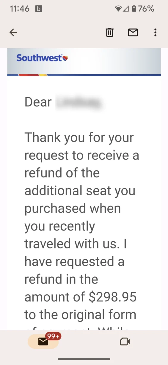 A screenshot of an email response from southwest informing a customer that a refund has been processed.