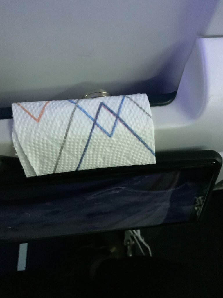 A cell phone mounted on the tray table on back of an airline seat for easy viewing.