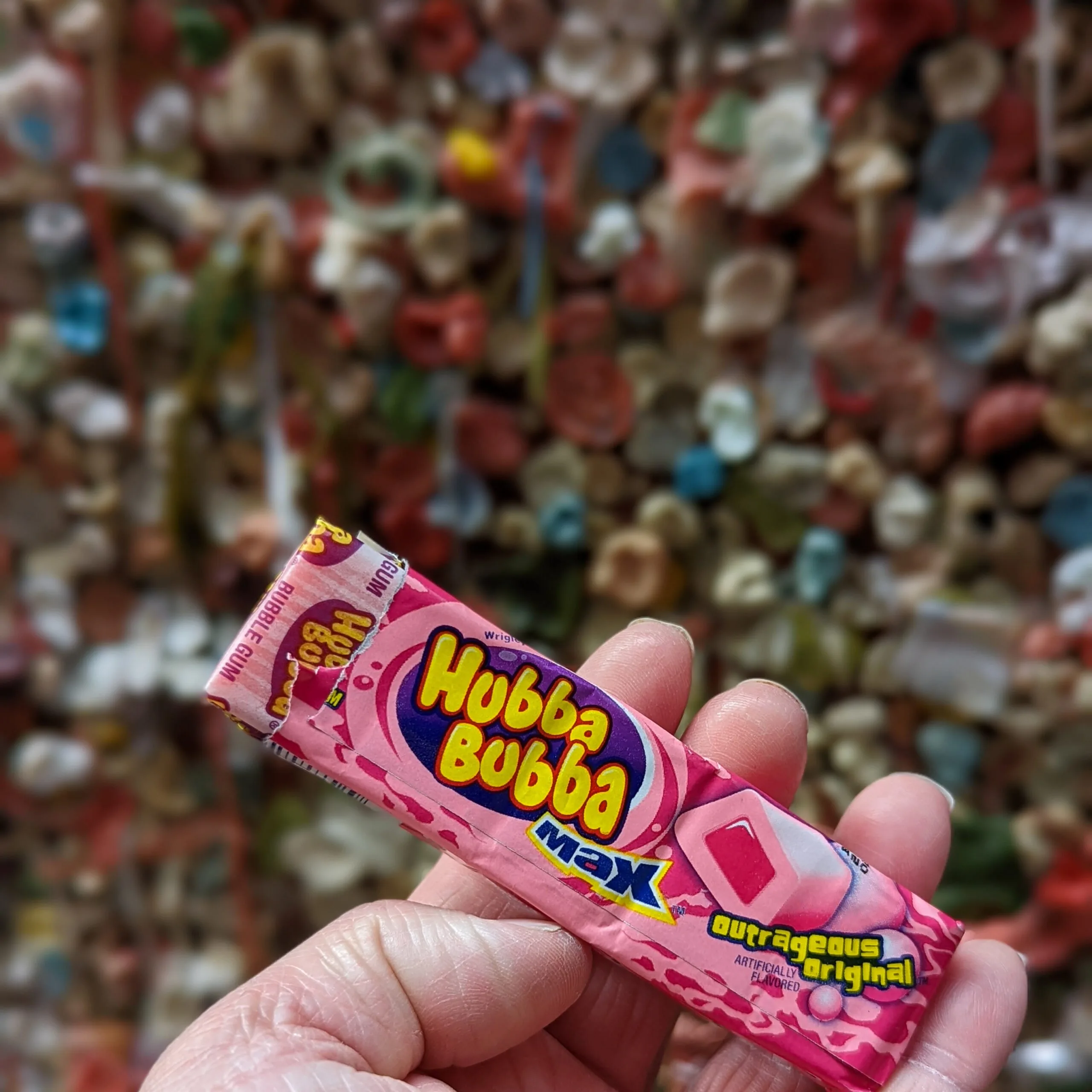Bubblegum pictured in front of the gum wall in seattle washington.