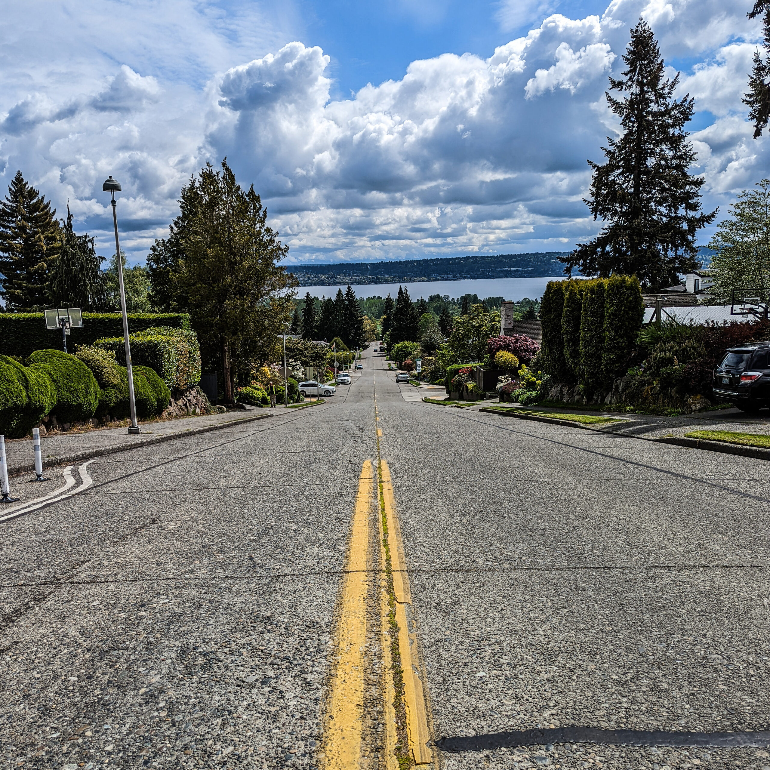 A neighborhood street in seattle descending towards lake washington.