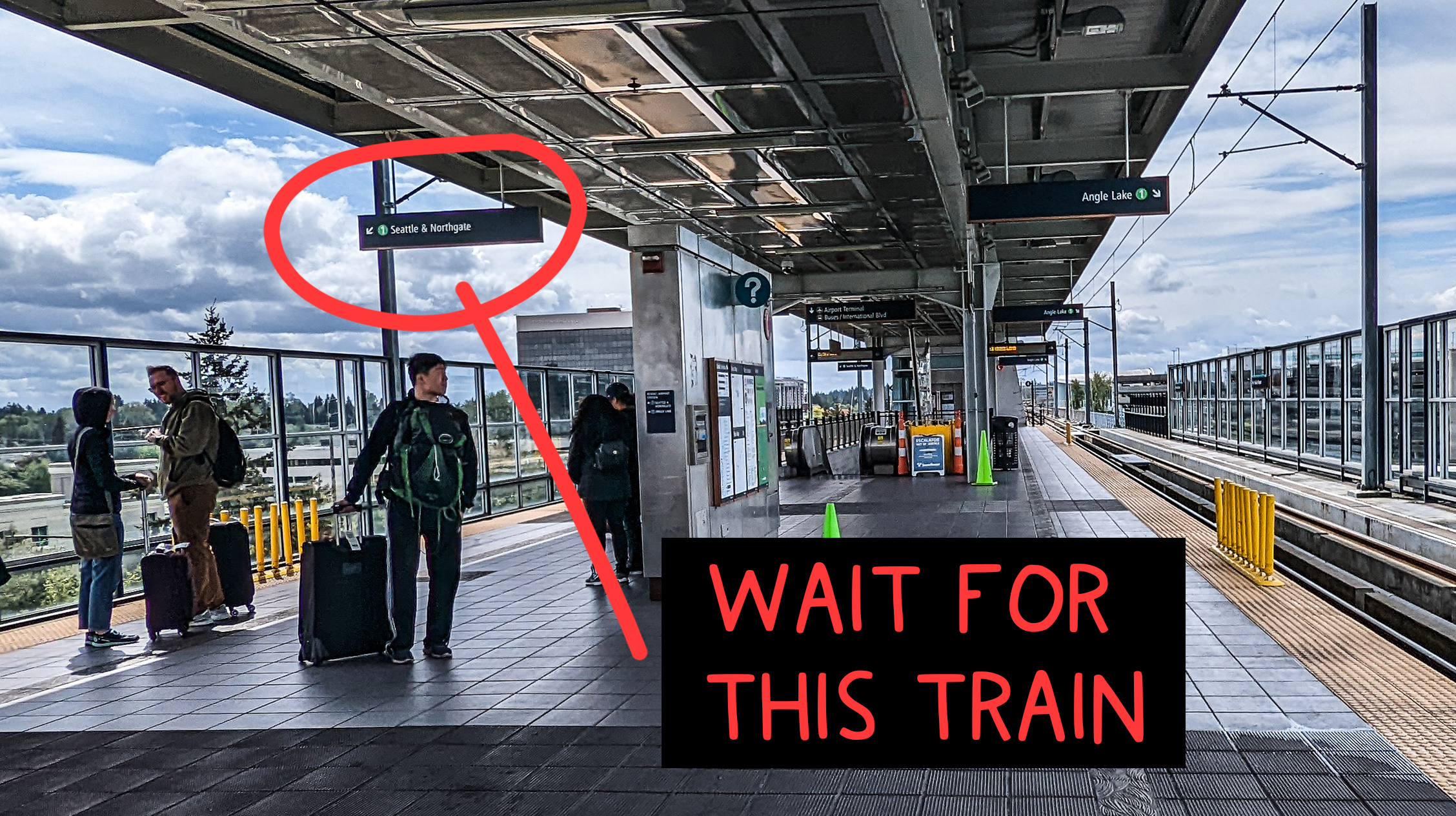 An labeled photograph showing which platform to wait on for the train from seatac to downtown seattle.
