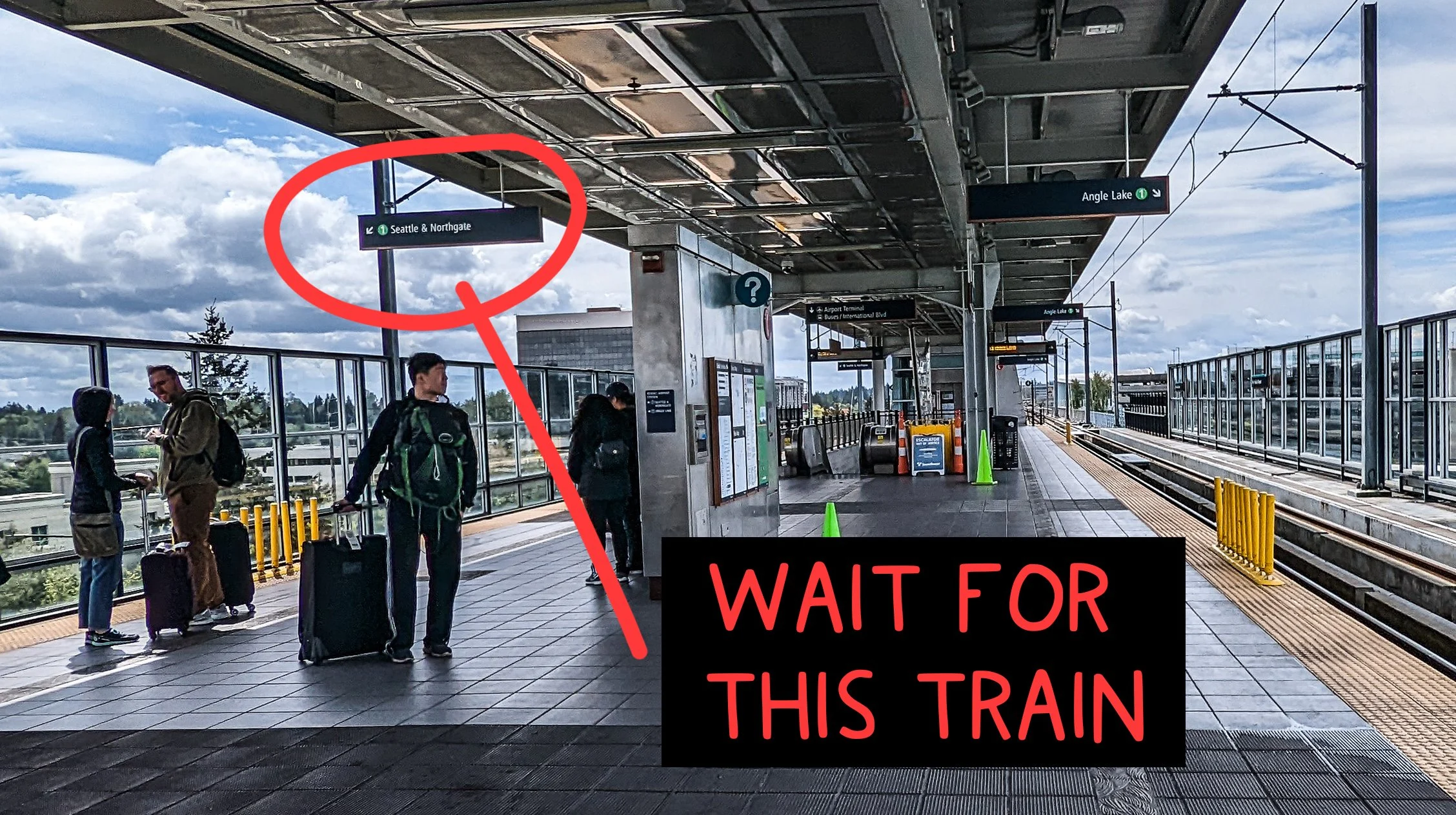 An labeled photograph showing which platform to wait on for the train from seatac to downtown seattle.