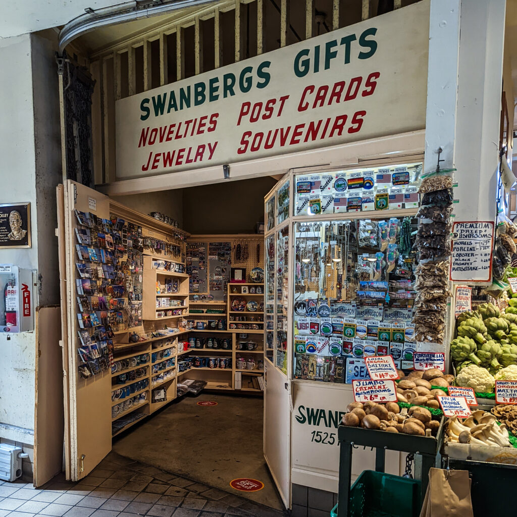 Seattle souvenirs and postcards for sale in pike place market.
