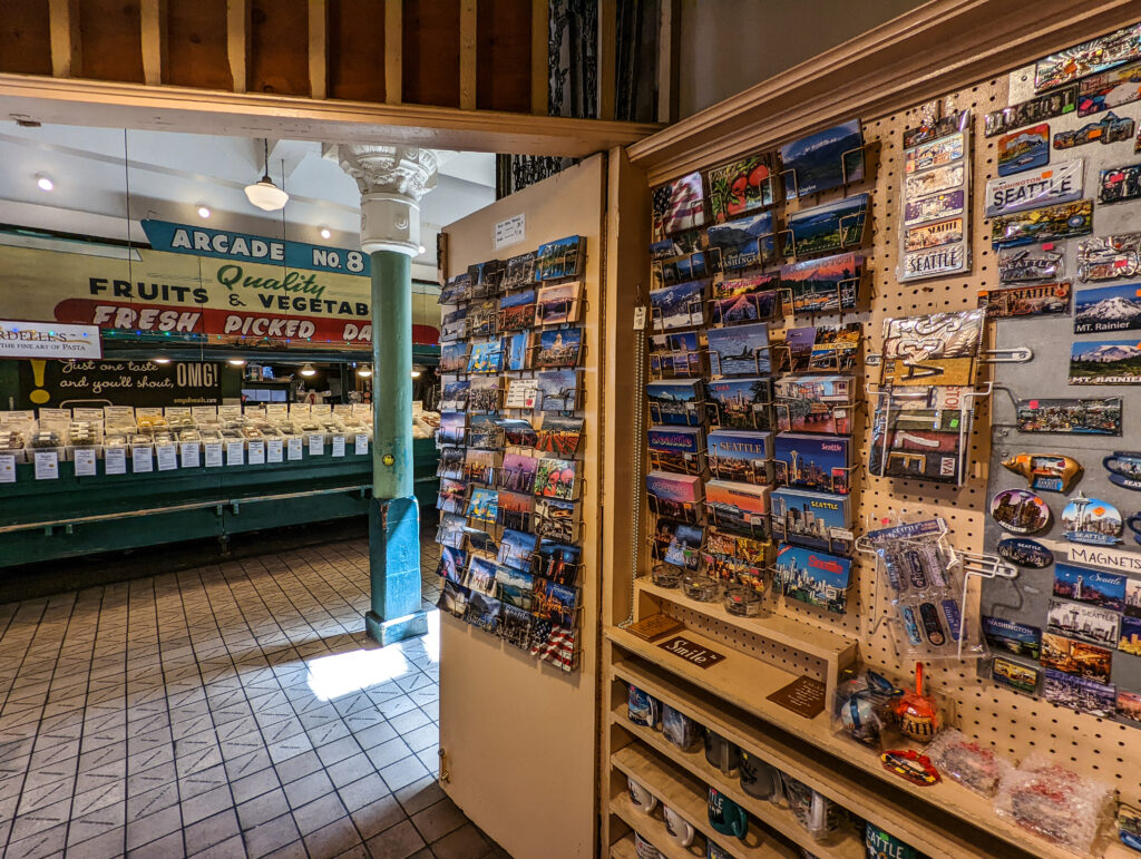 Seattle souvenirs and postcards for sale in pike place market.
