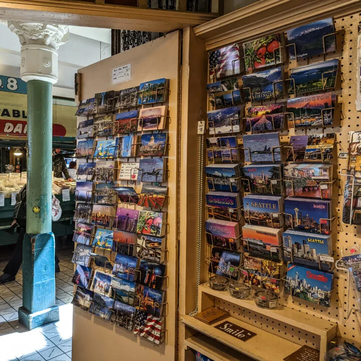 Seattle souvenirs and Postcards for sale in Pike Place market.