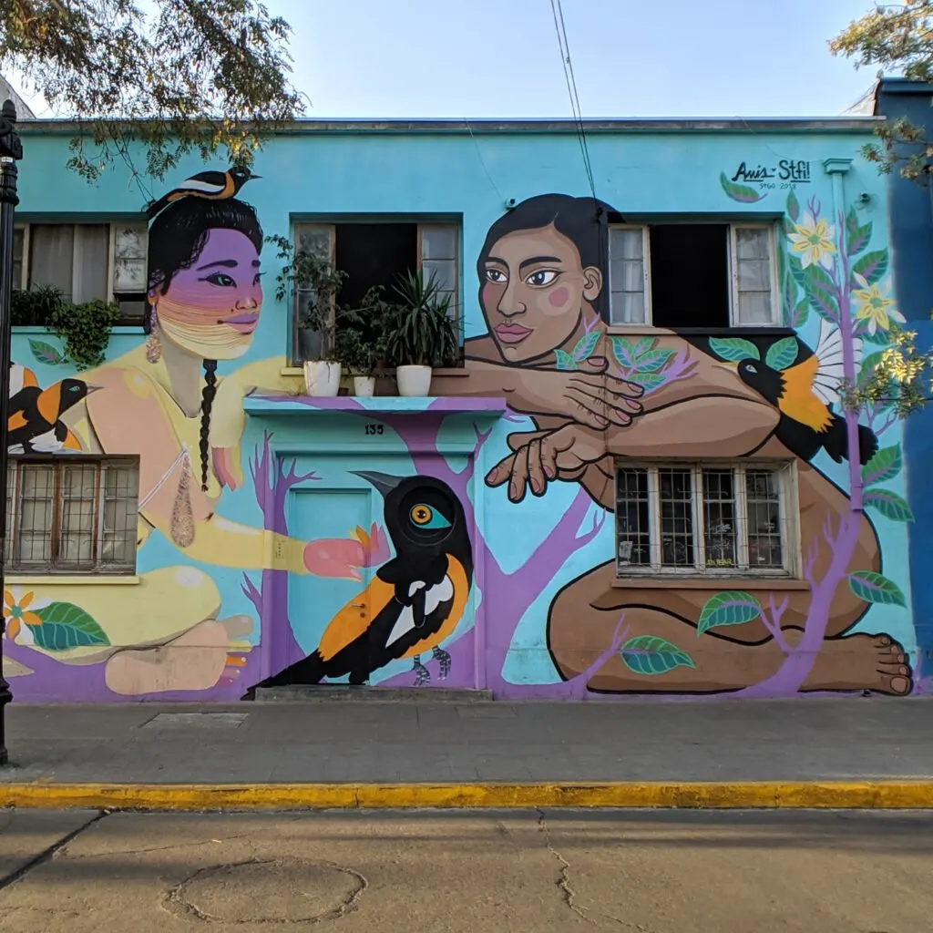 A mural on a building in santiago chile showing two women and a bird.